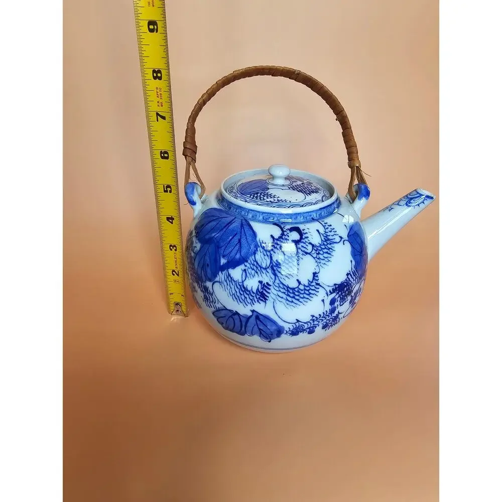 Vintage Blue White Teapot Wicker Handle Lid - Chinoiserie Style